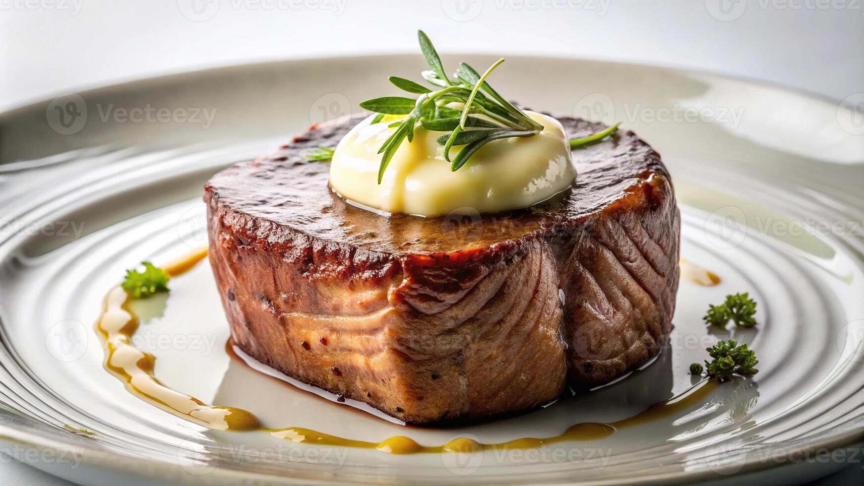 Perfectly seared filet mignon on porcelain plate with truffle butter photo