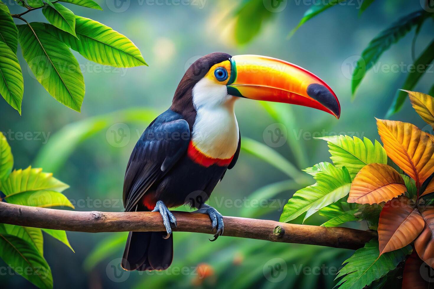 painting of a toucan perched on a branch with leaves Worm's Eye View photo