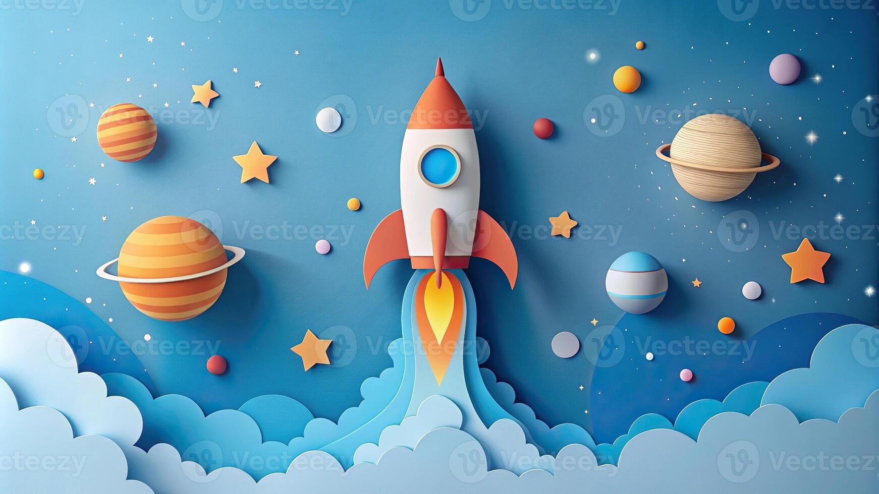 Paper art rocket ship blasting into space with planets and stars in light blue and orange colors photo