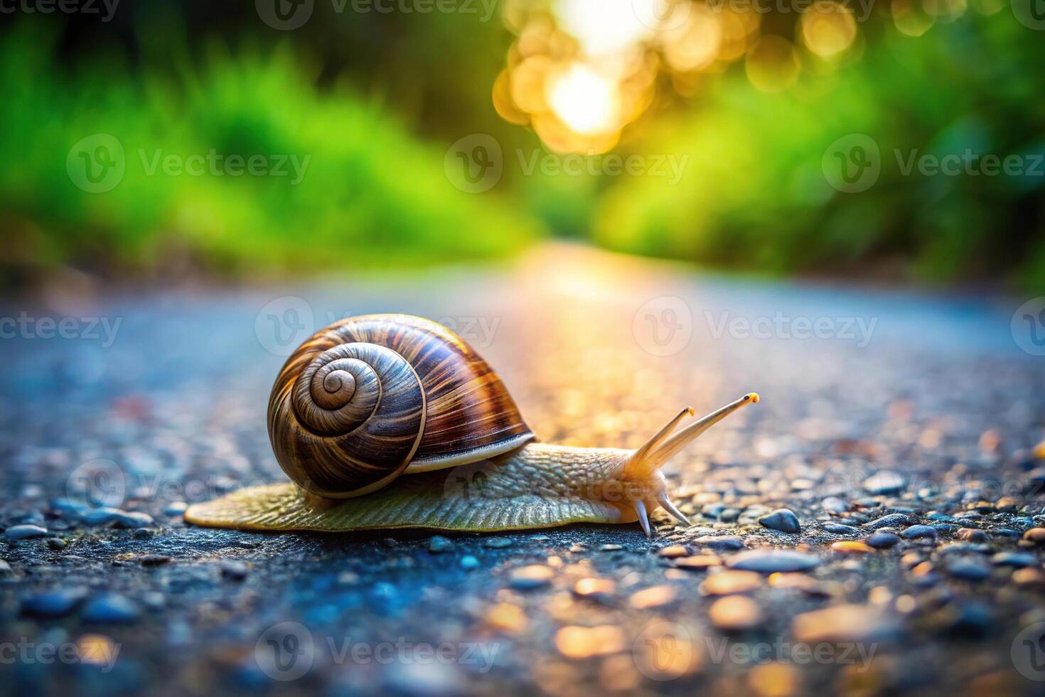 Photo of a snail crawling along a road with selective focus and high angle