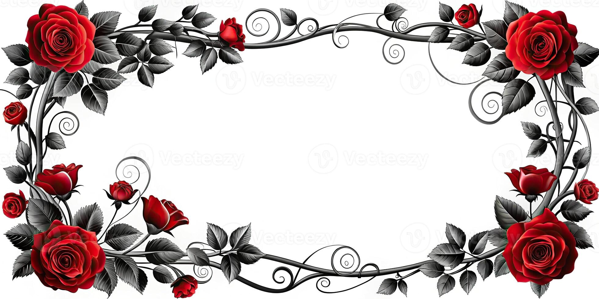 Photo of black and white frame with red roses and leaves on a tilted angle