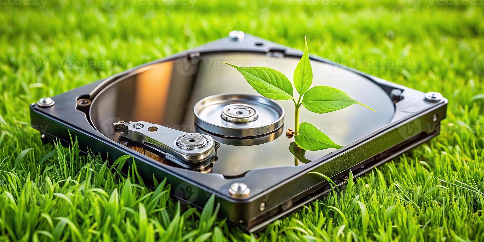 Panoramic hard disk drive with chia leaf on grass photo