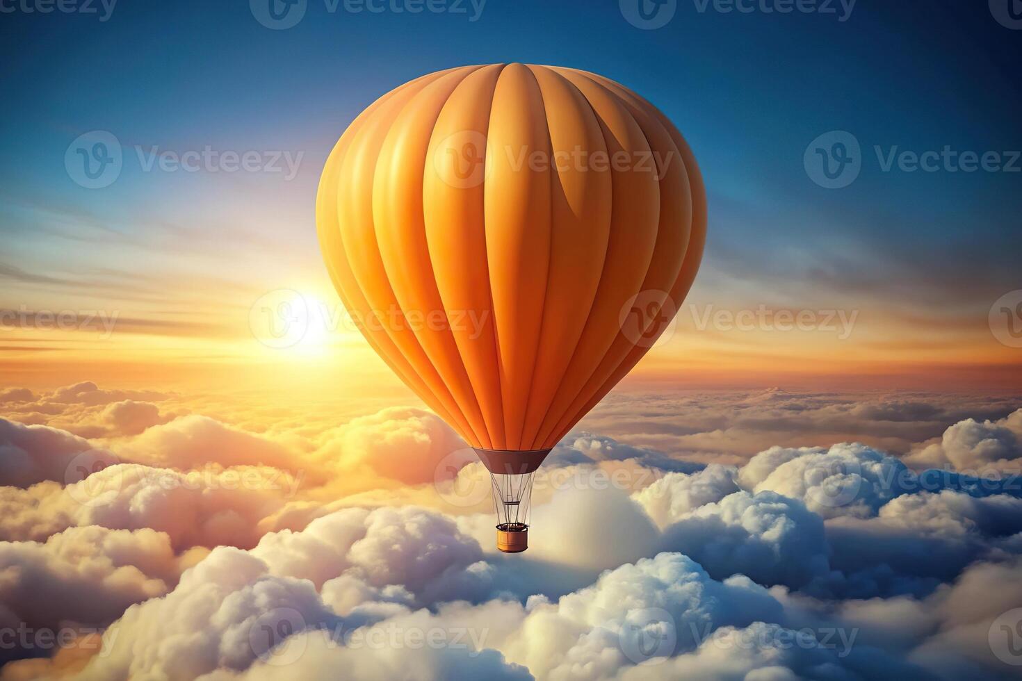 Paper cut style illustration of an orange hot air balloon ascending above clouds in a wide-angle view photo