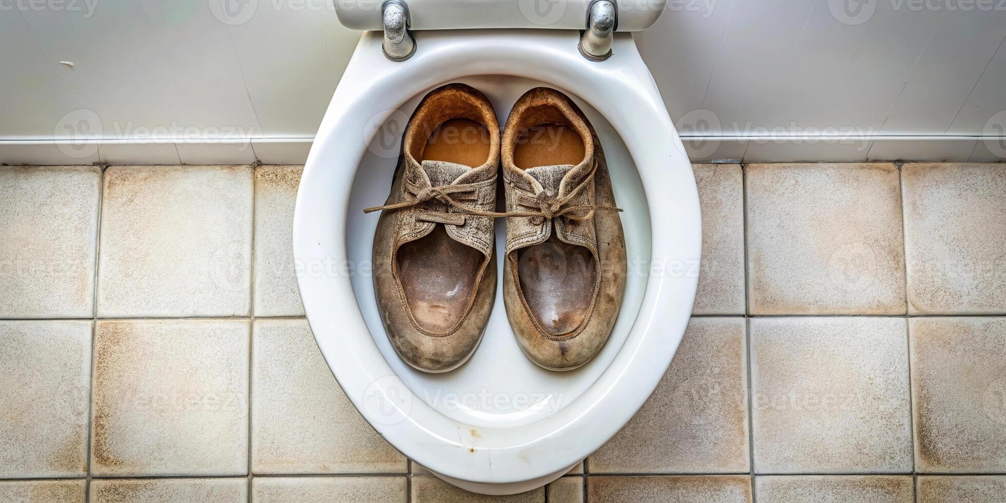 Overhead view of toilet with dirty shoes inside at tilted angle photo
