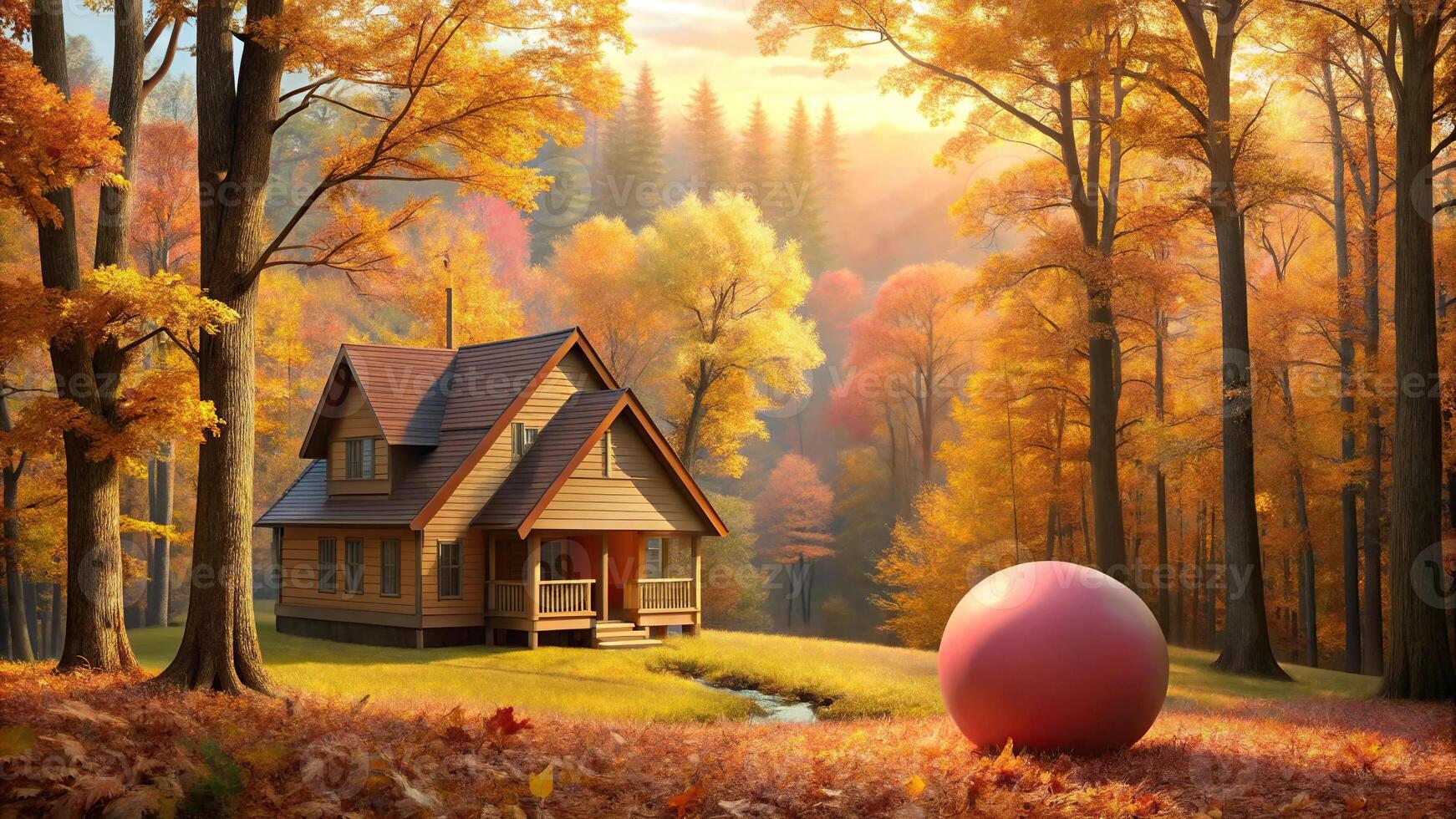 Panoramic house in woods with changing leaves photo
