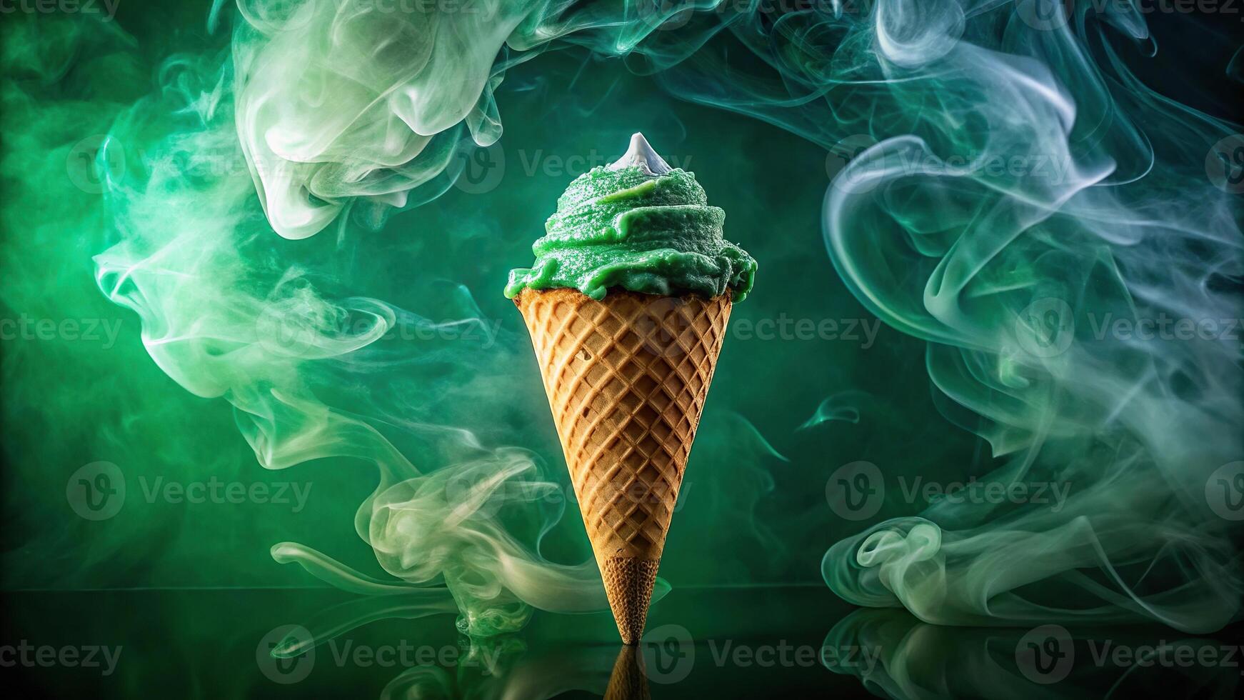 Panoramic ice cream in waffle cone with green smoke on dark green background photo