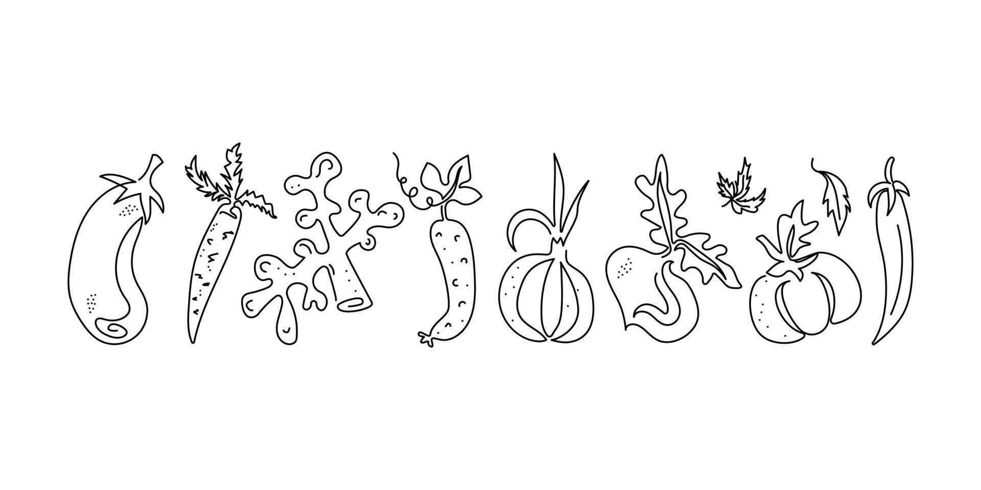 Set of vegetables, drawing, line art. Linear icons. Vegetarian food, healthy eating. Isolated background. vector