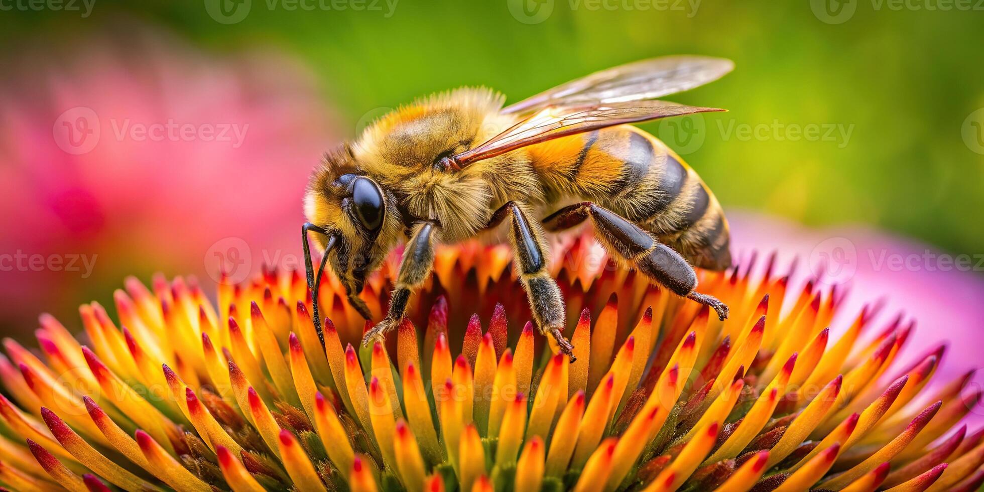 photograph of a bee collecting nectar from a flower aerial view photo