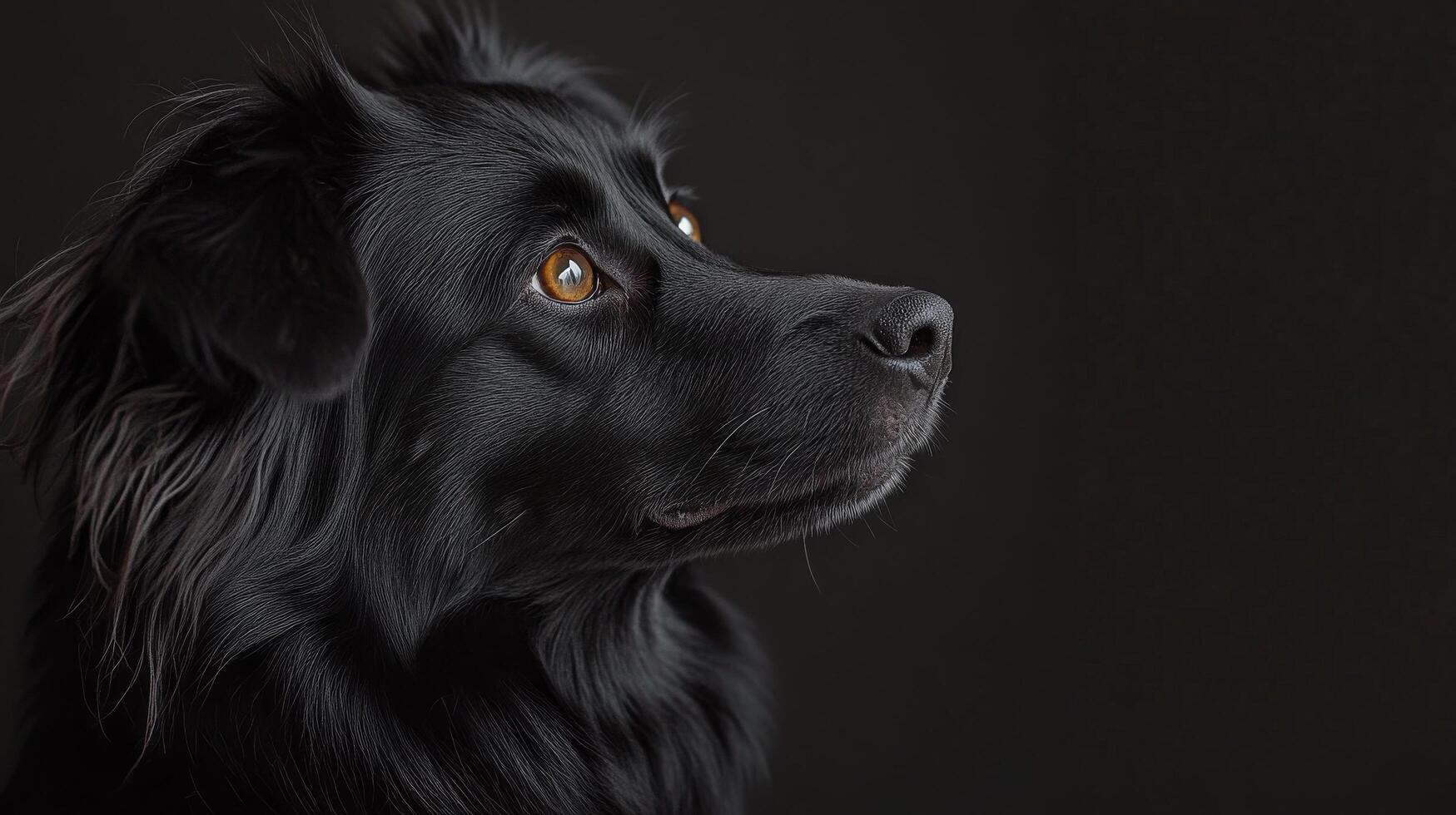 A black dog with bright eyes gazing thoughtfully in low light conditions photo