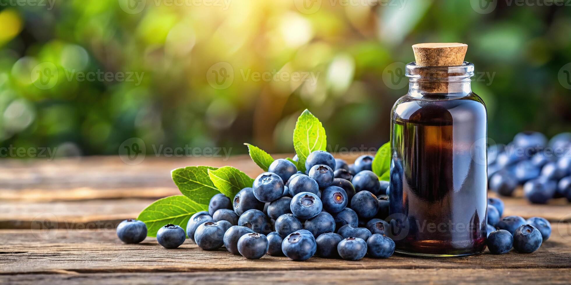 Panoramic bottle of bilberry extract with fresh bilberries photo