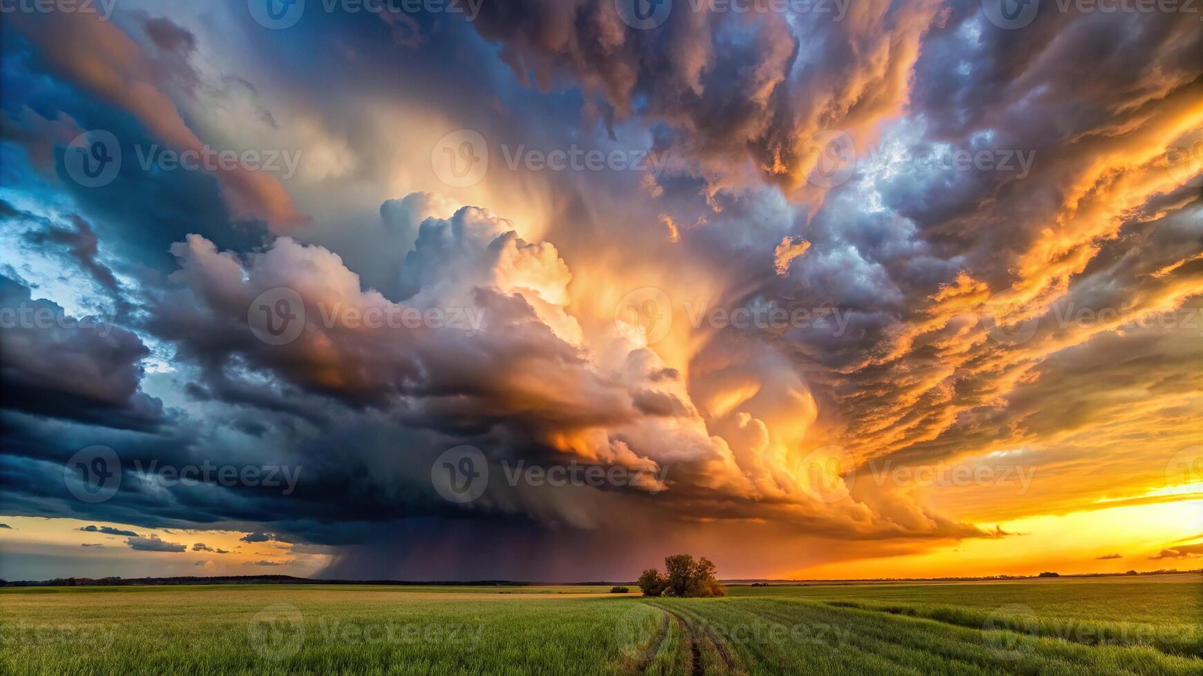 panoramic sunset sky storm clouds field landscape photo