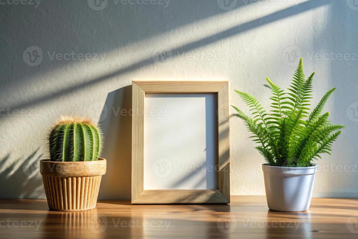 Picture frame with cactus and fern casting shadows in sunlight on table extreme close-up photo
