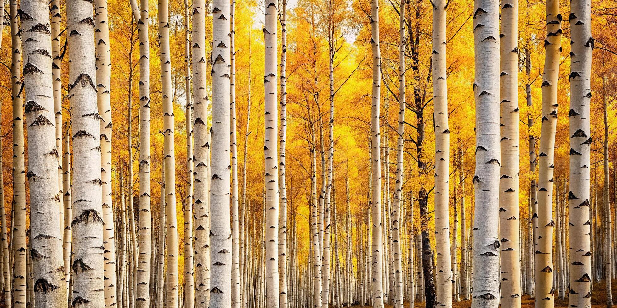 Picturesque forest of tall birch trees with white bark and golden yellow foliage, tilted angle photo