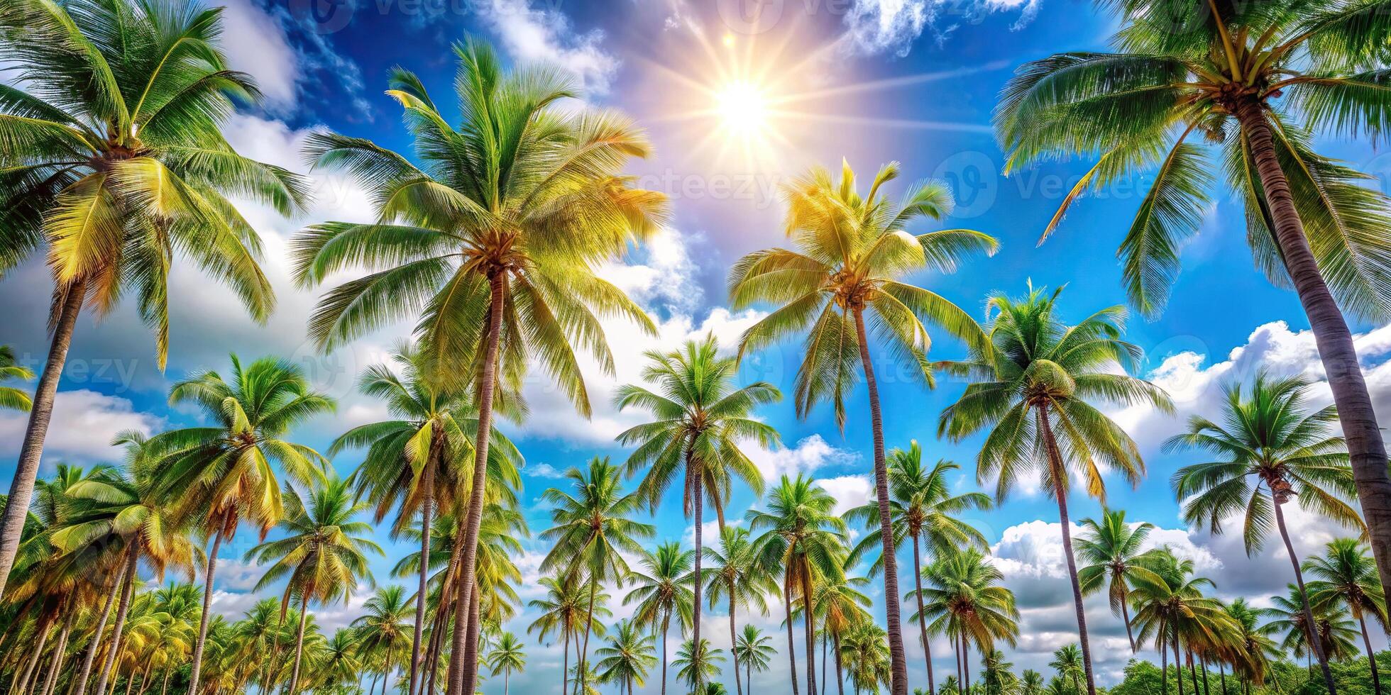 Panoramic tropical landscape with palm trees under blue skies and sunshine photo