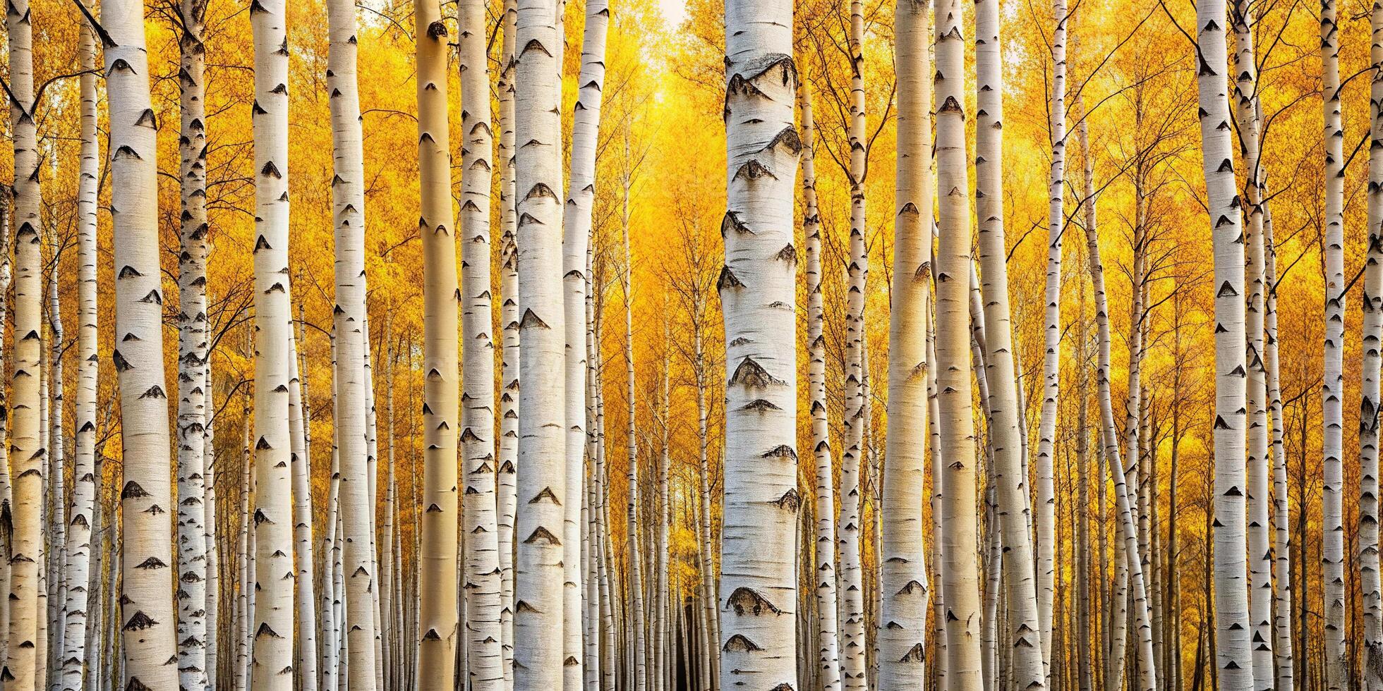 Picturesque forest of tall birch trees with white bark and golden yellow foliage photo