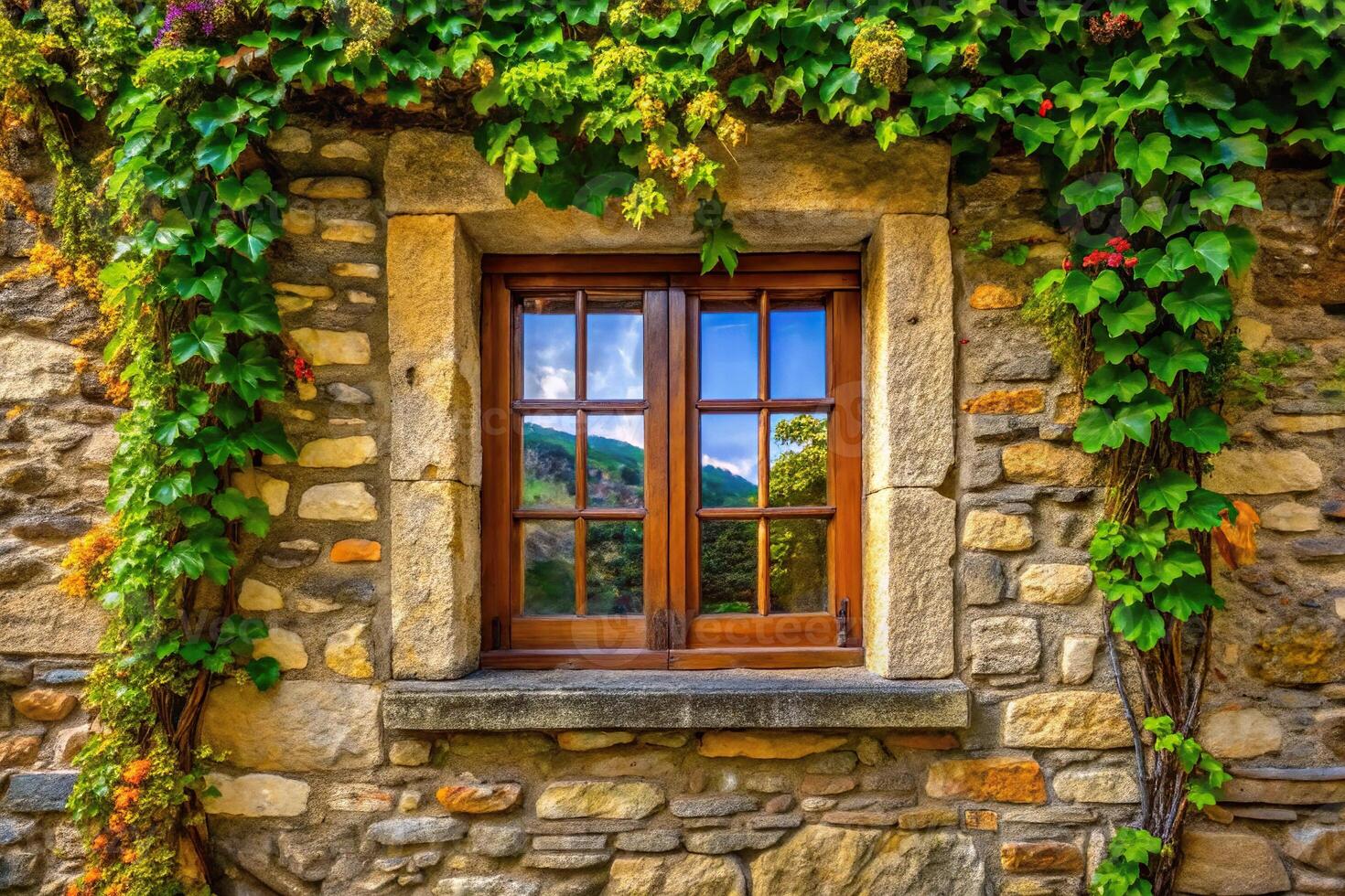 Picturesque window framed with stone exterior vine hanging down photo