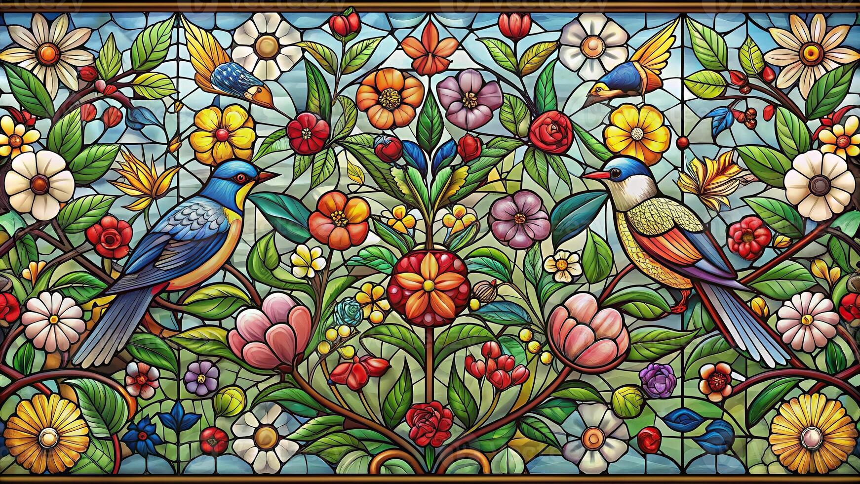 Panoramic vibrant stained glass floral and bird seamless pattern photo