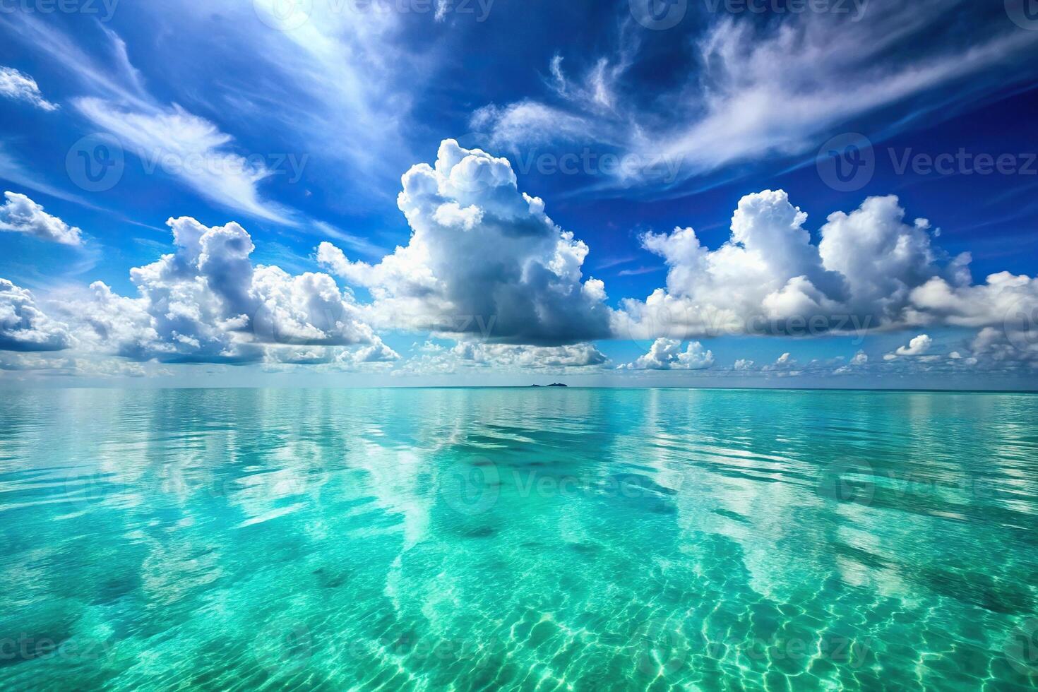 Panoramic turquoise sea water surface with clouds and sky reflected in water photo