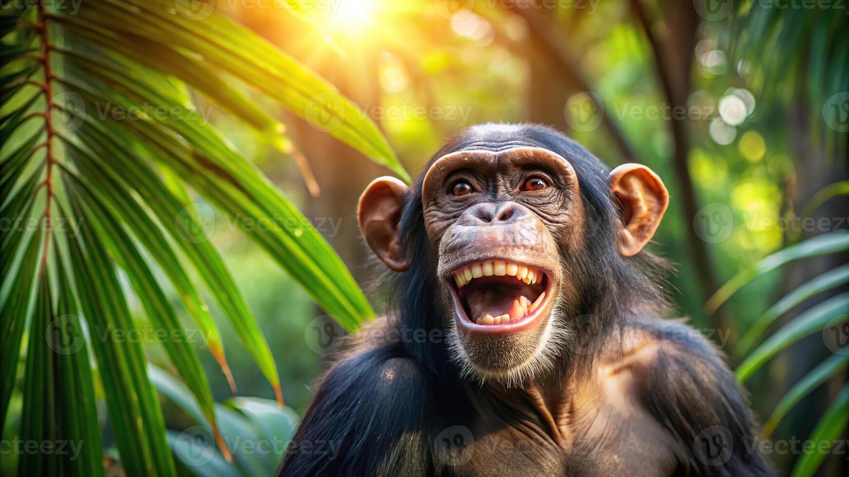 Panoramic view of a chimp monkey laughing in a tropical forest during sunny weather photo