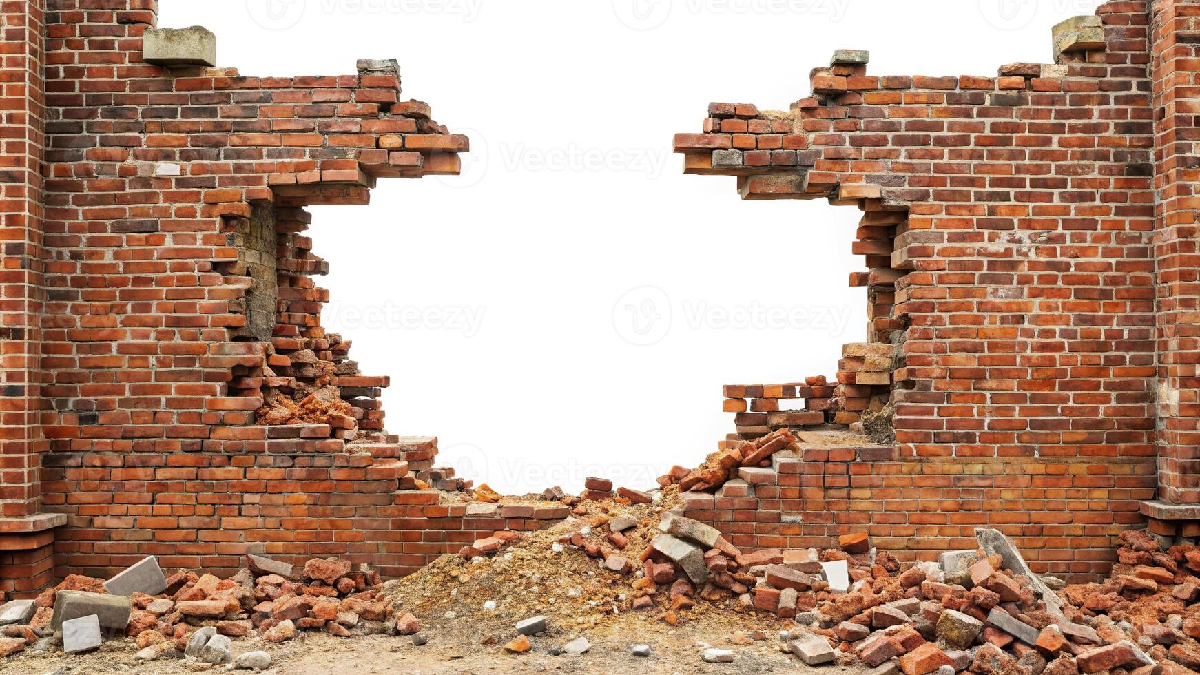 Panoramic view of a demolished brick building wall with rubble pile isolated on white background photo