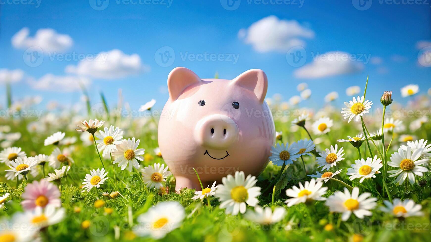 Piggy bank against blooming daisies from low angle view photo