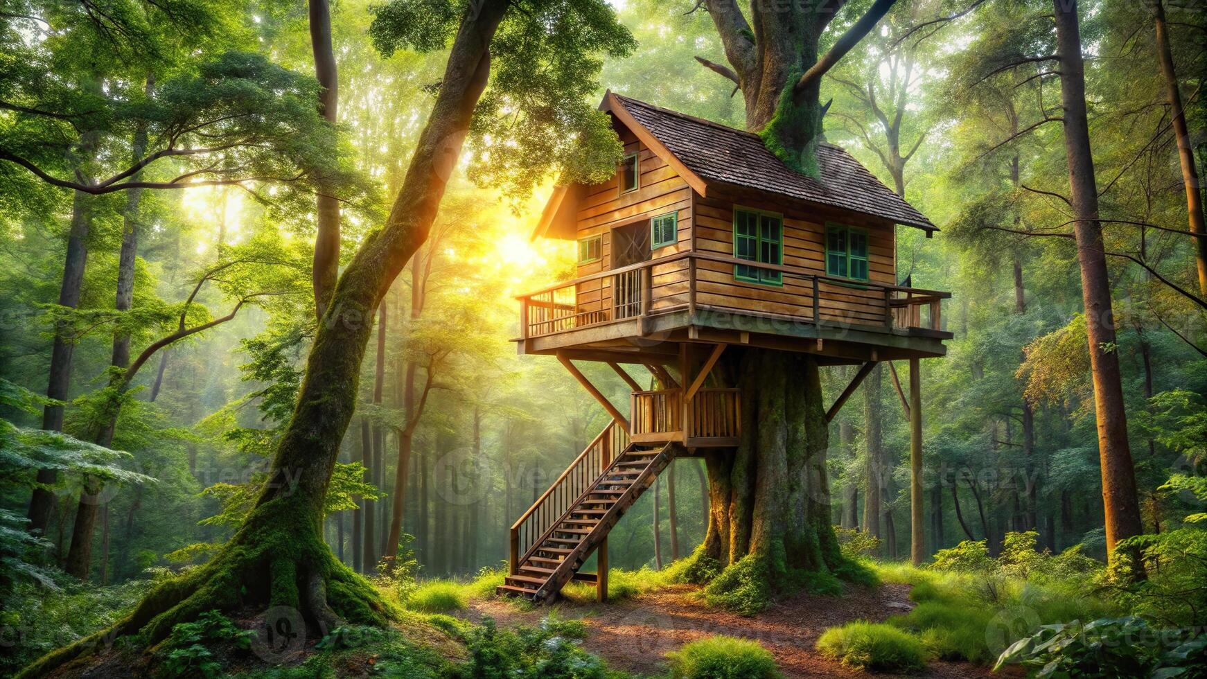 Panoramic view of a forest treehouse photo