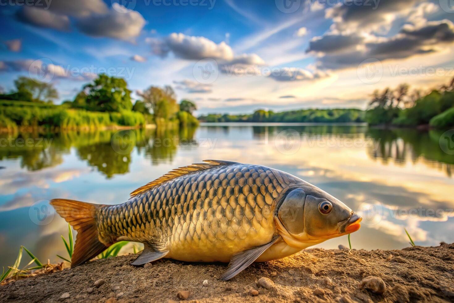 Panoramic view of a common carp fish caught from a fishing lake photo