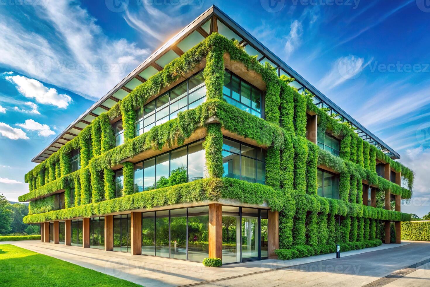 Panoramic view of a sustainable green building with eco-friendly features photo
