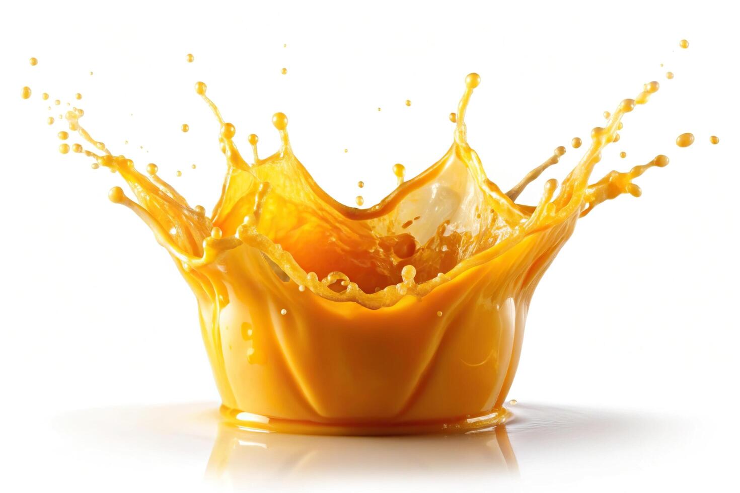 refreshing golden orange juice in splash form isolated on white background photo