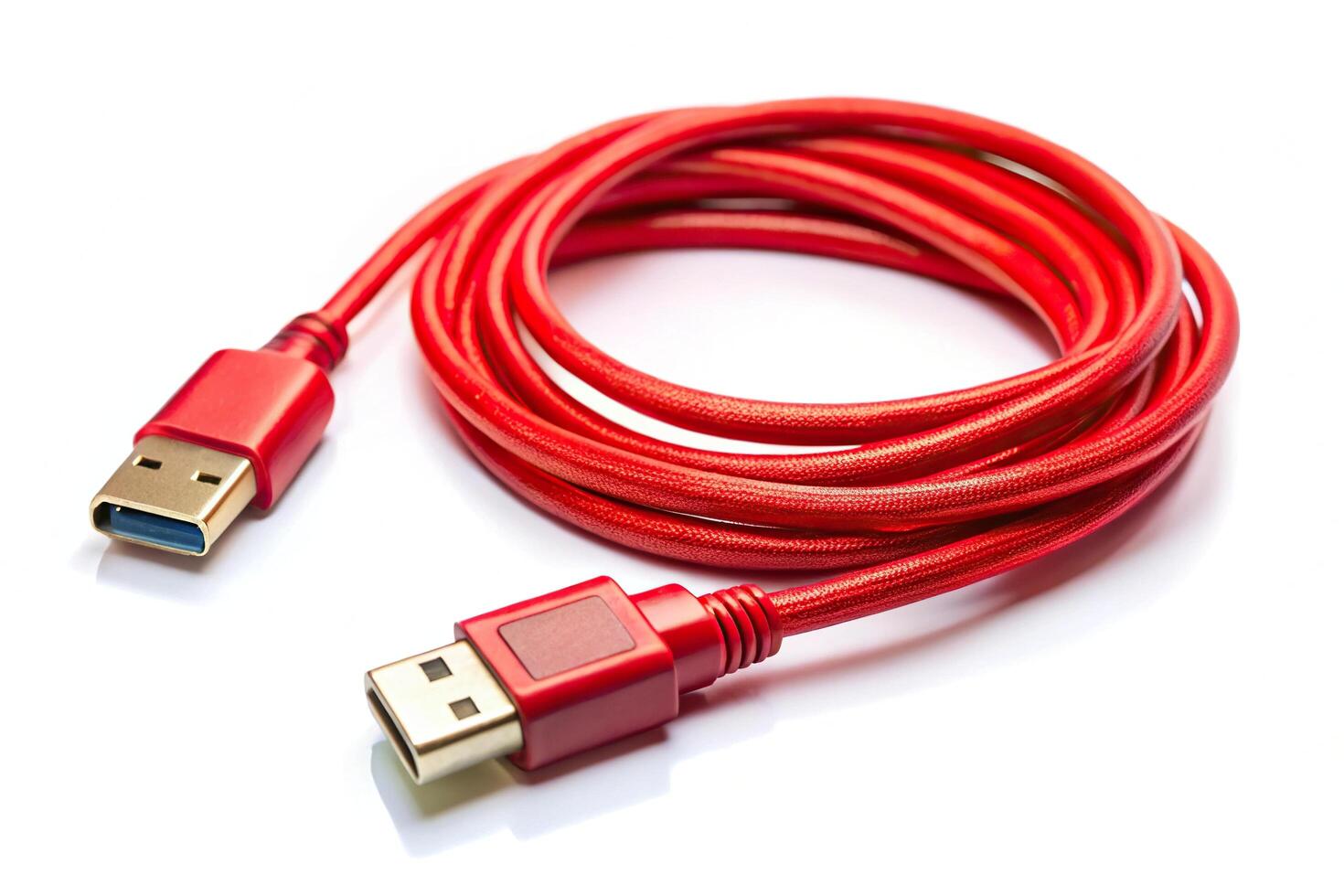 Red wire USB cable and adapter isolated on white background with selective focus and reflection photo