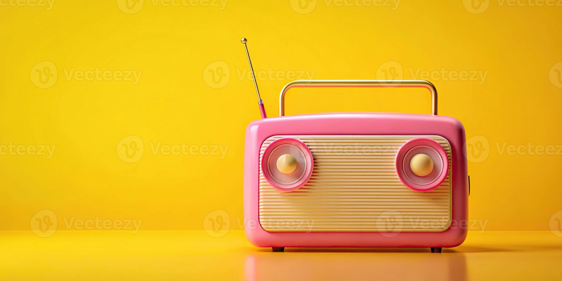 Pink retro radio receiver on a yellow background low angle view photo