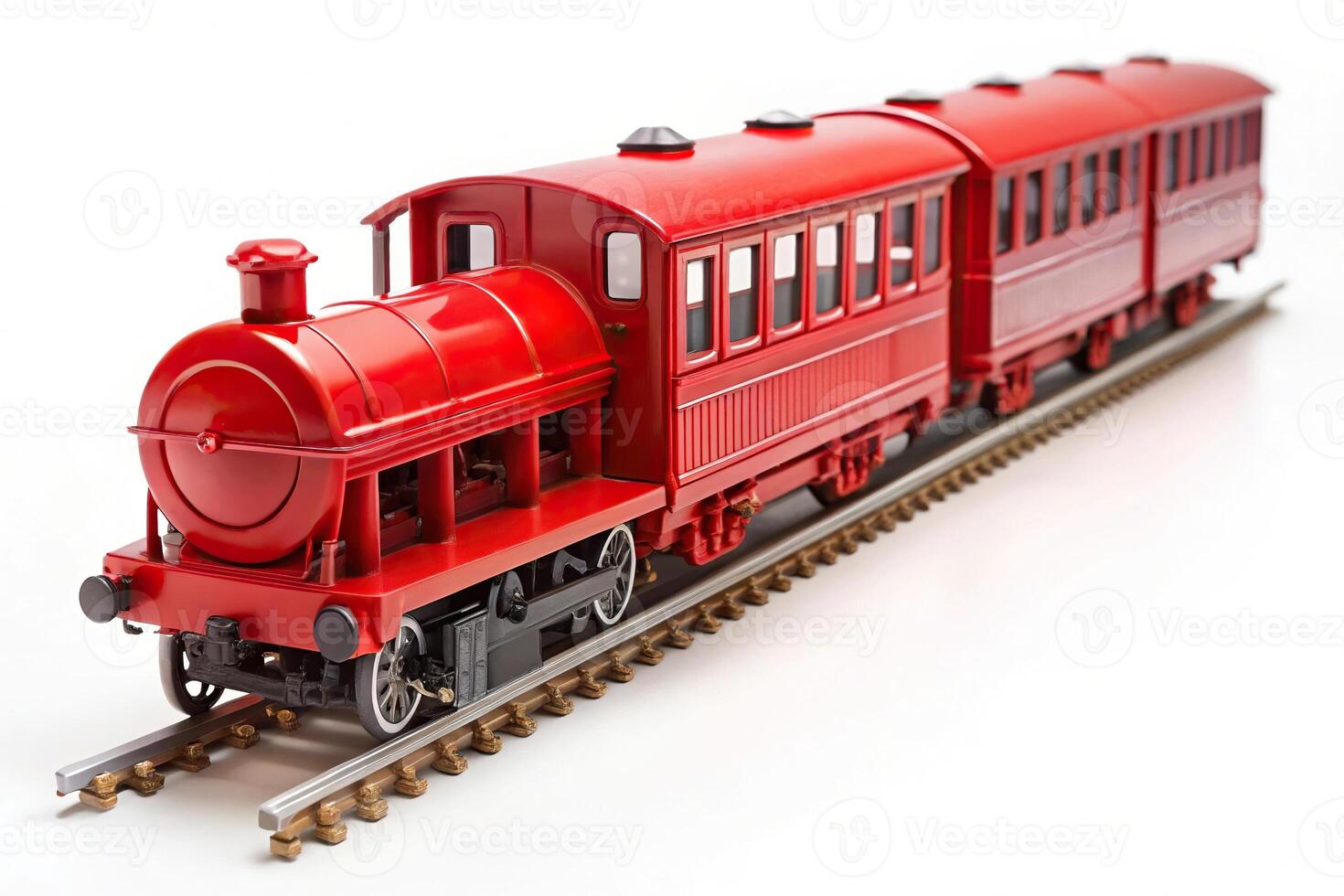 Red train transportation isolated on white background forced perspective photo