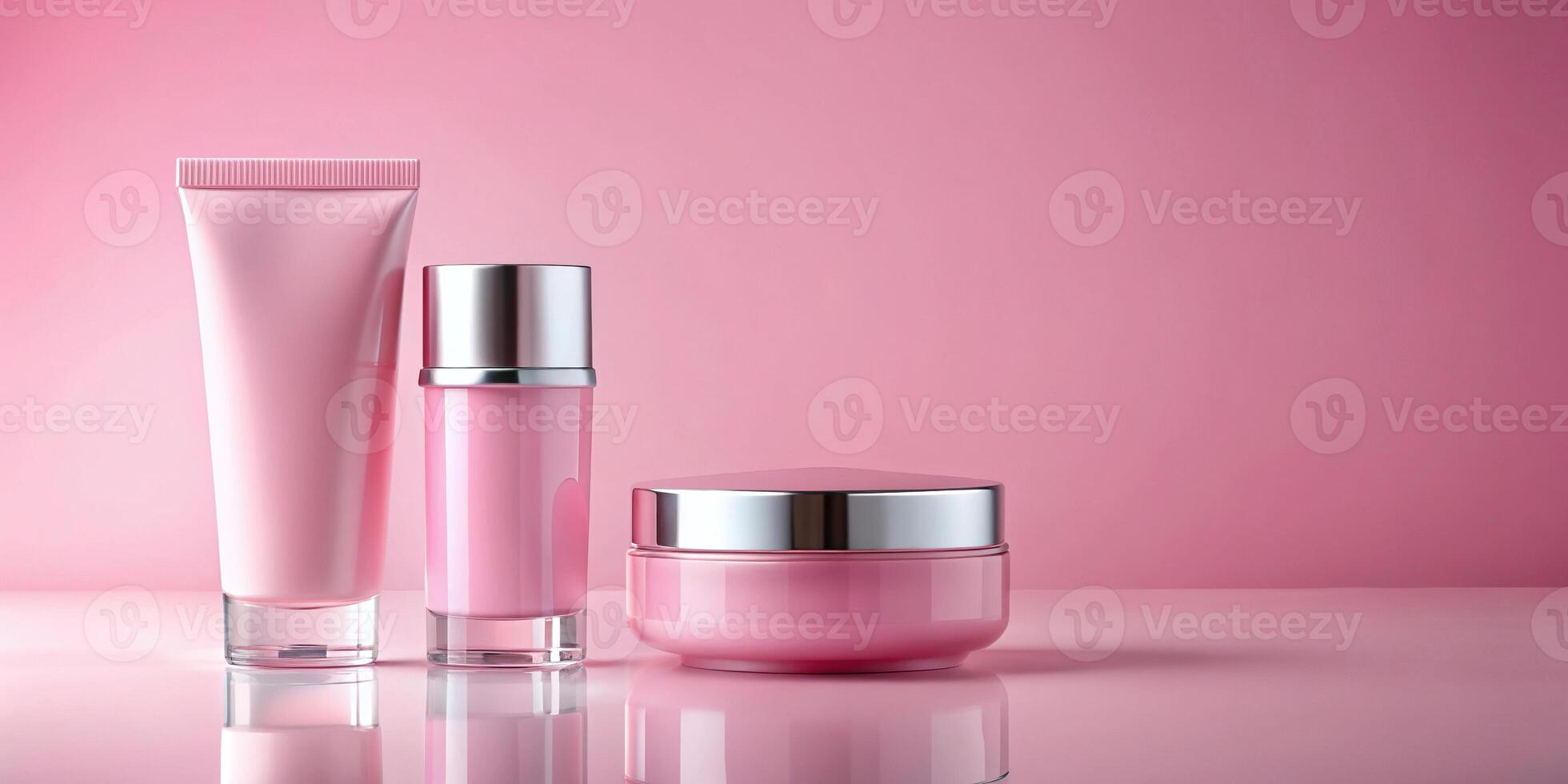 Pink packaging for cosmetics products on a simple pink background Worm's Eye View photo