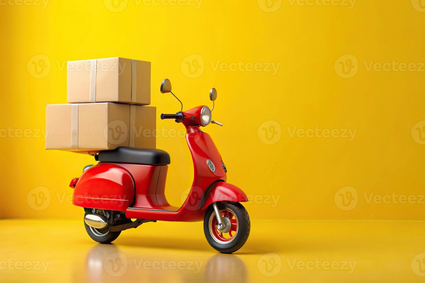 red scooter and cardboard boxes isolated on yellow background photo
