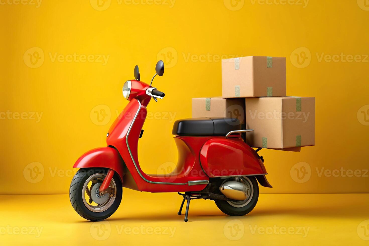 Red scooter with cardboard boxes isolated on yellow background Worm's Eye View photo