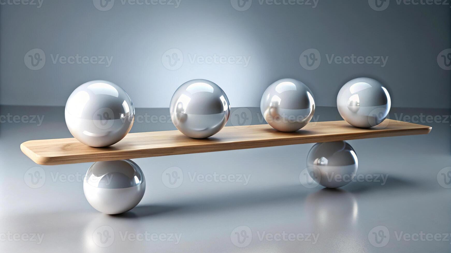 Plank holding shiny white spheres in balance at eye level photo