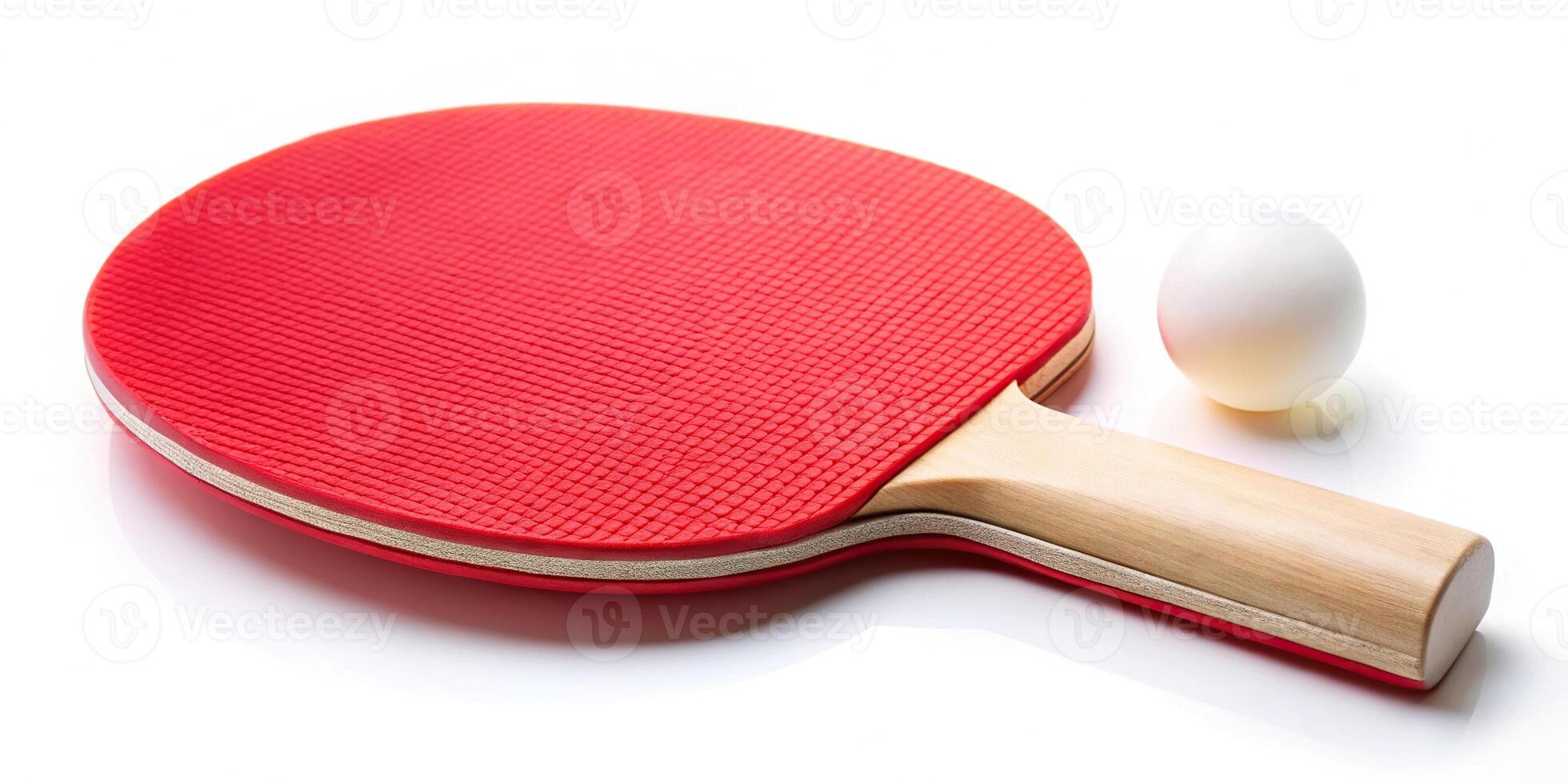 Red ping pong paddle and ball isolated on white from bird's eye view photo