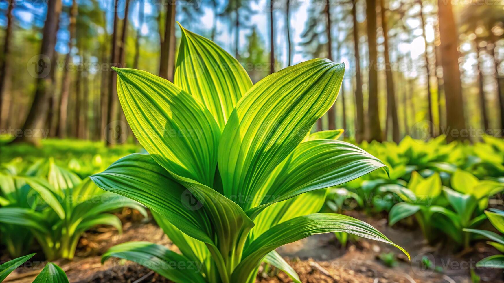 Plant growing in forest at springtime with depth of field photo