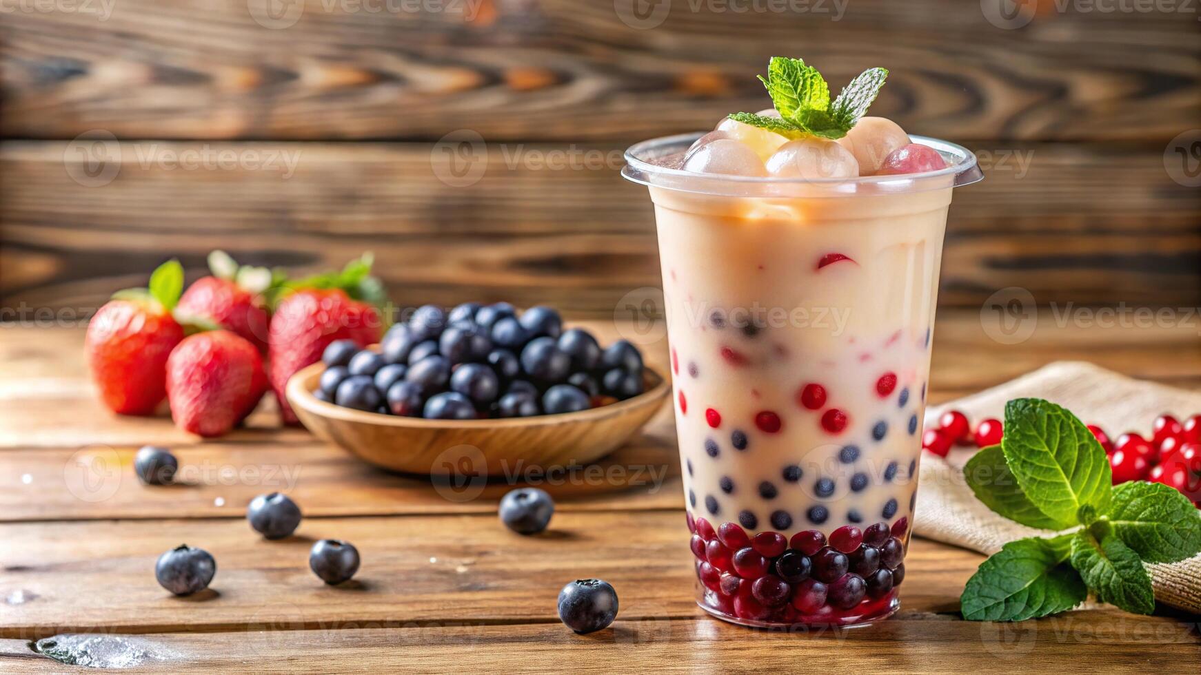 Refreshing berry bubble tea in a plastic cup with tapioca pearls on a wooden table photo