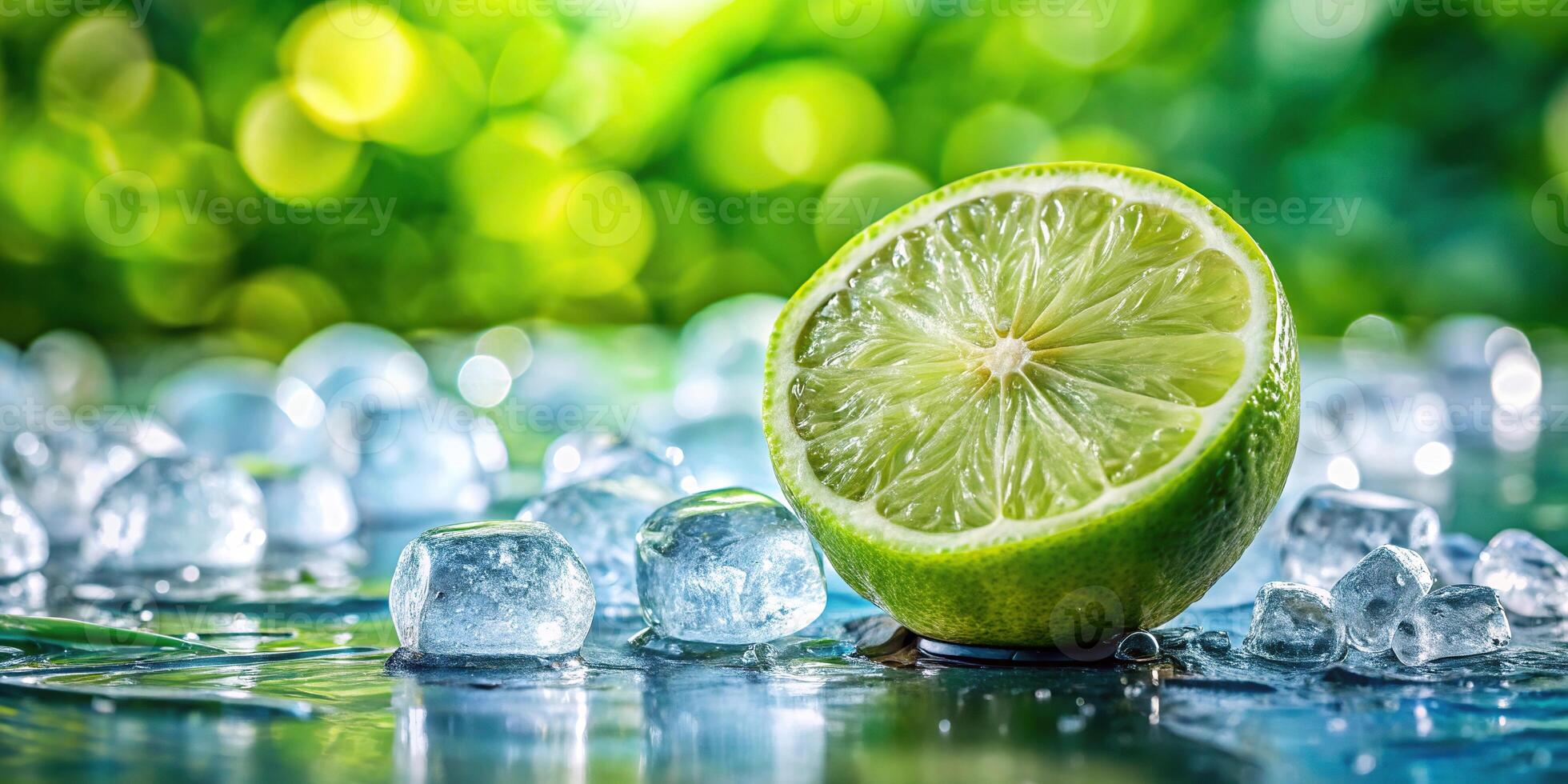 Refreshing lime drink with ice cubes in sparkling water against a summer background photo