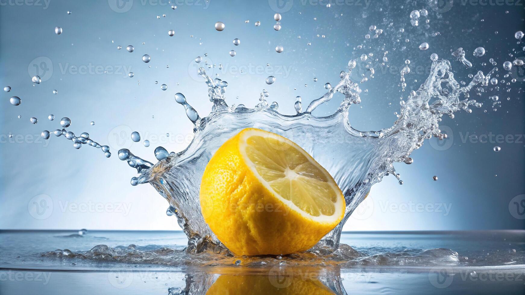 Refreshing image of lemon reflecting in water with splashes on plain background photo