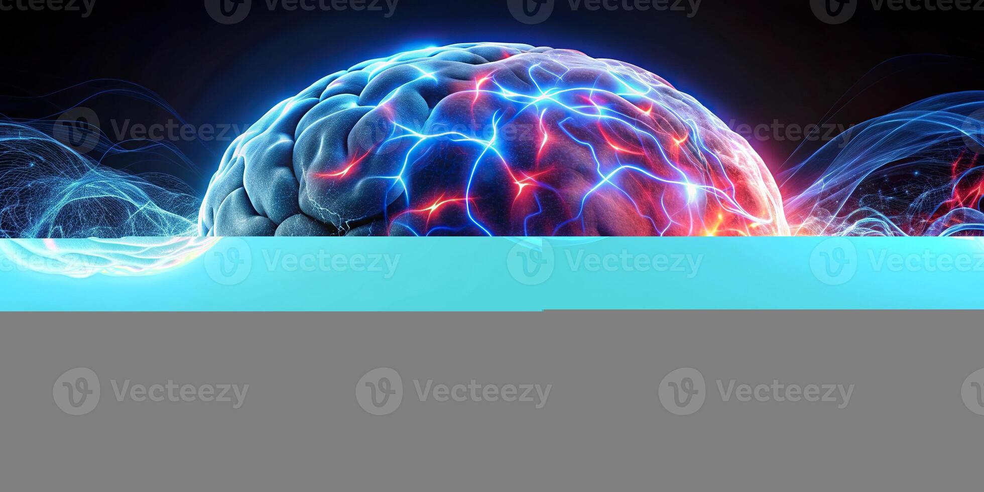 Realistic 3D panoramic brain with flowing blue and red energy photo