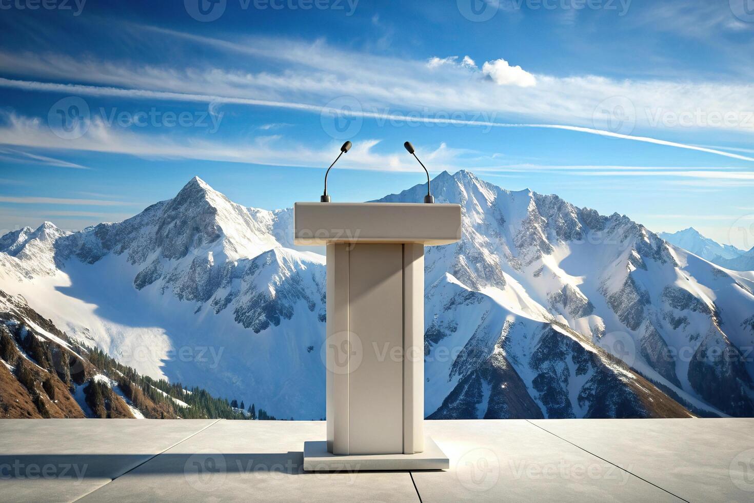 Podium for presentation against backdrop of white mountains Macro photo