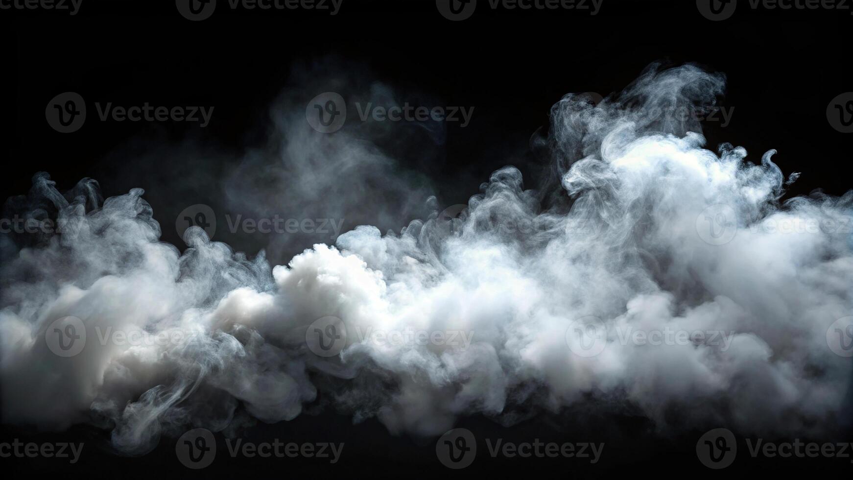 Realistic fog smoke cloud overlay on black background with white dust texture, tilted angle photo