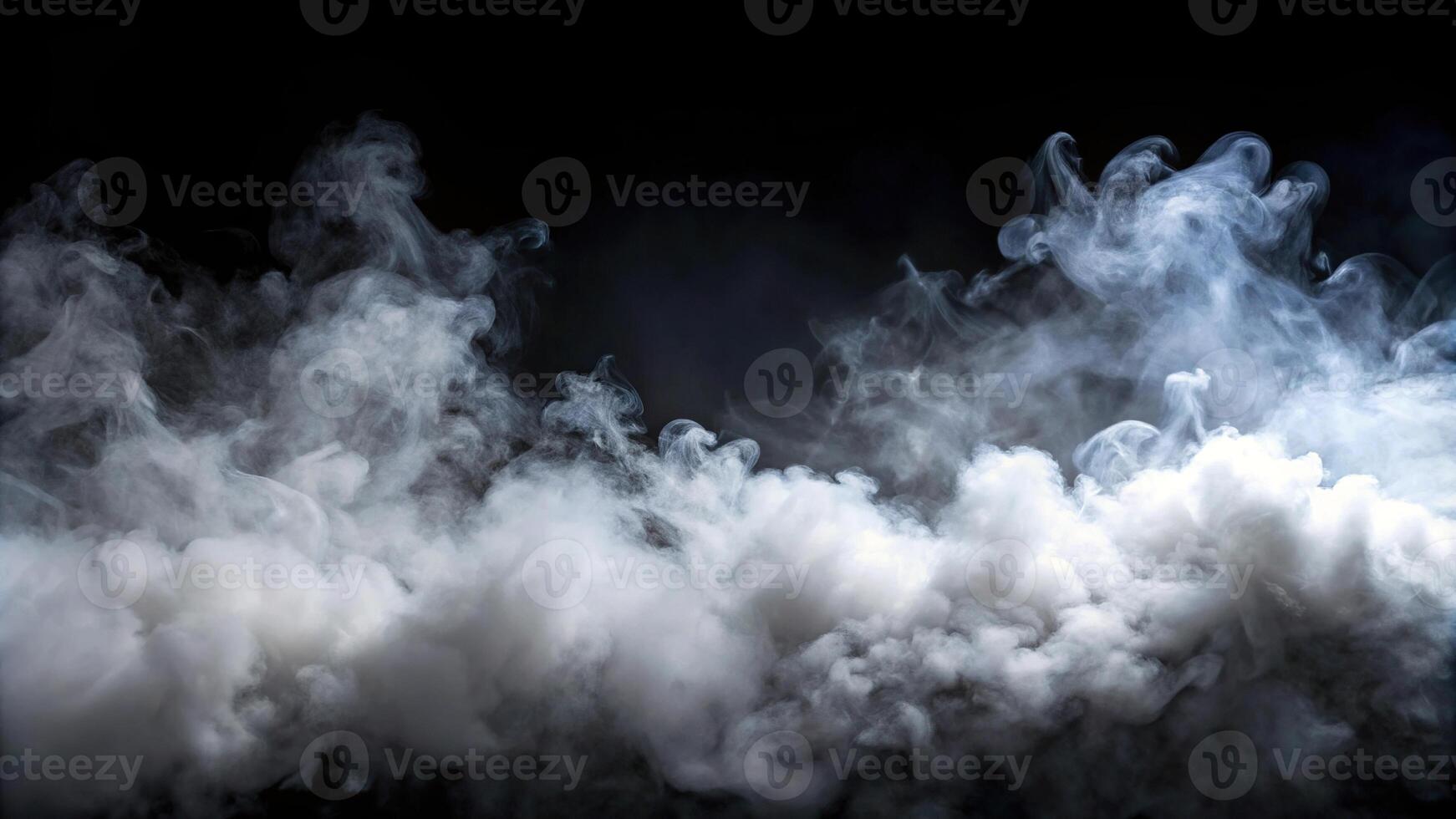 Realistic fog smoke cloud overlay on black background with white dust texture photo