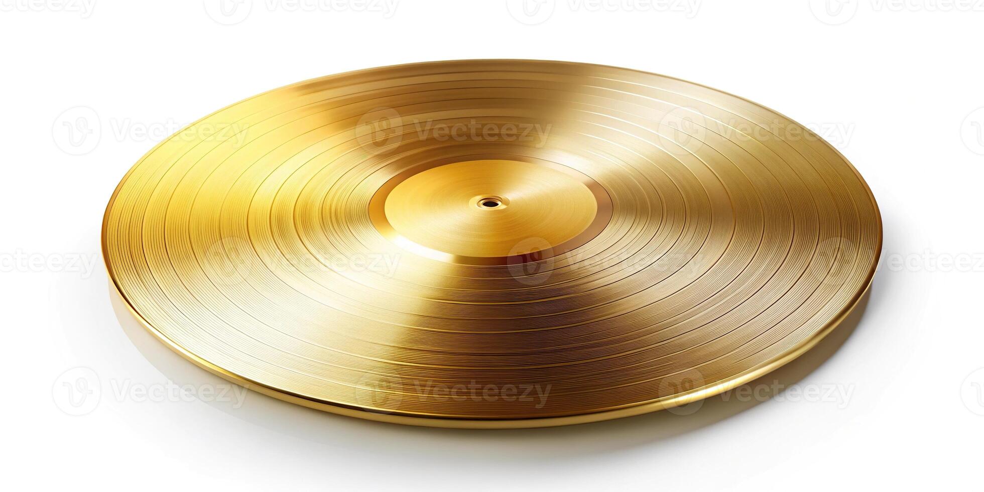 Realistic gold vinyl record on white background tilted angle photo