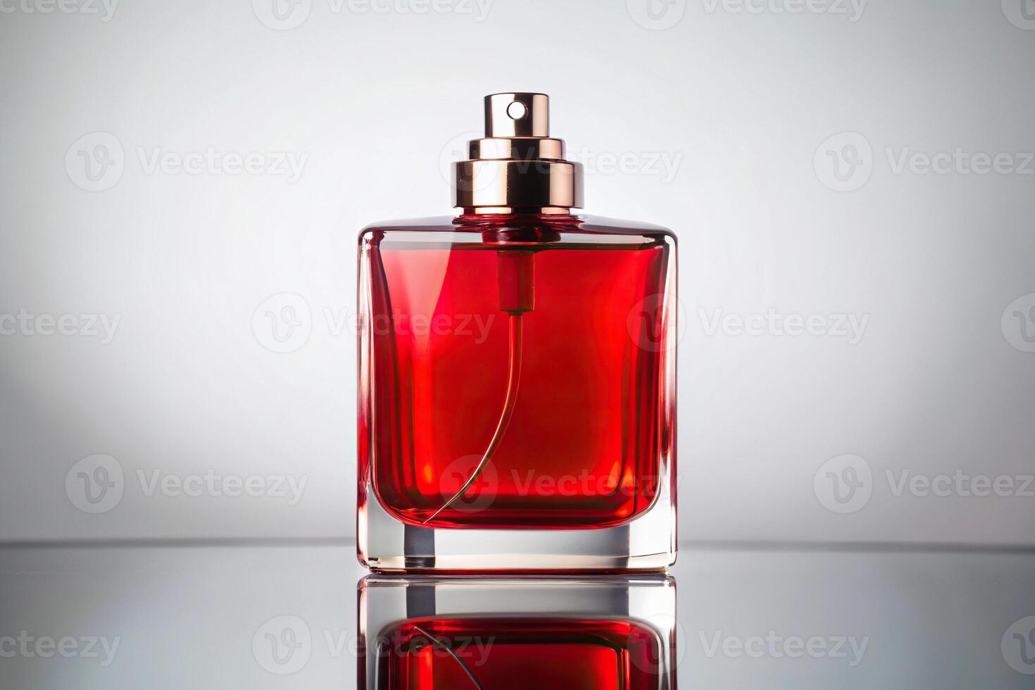 Realistic HD worm's eye view of balancing red perfume bottle on white background photo