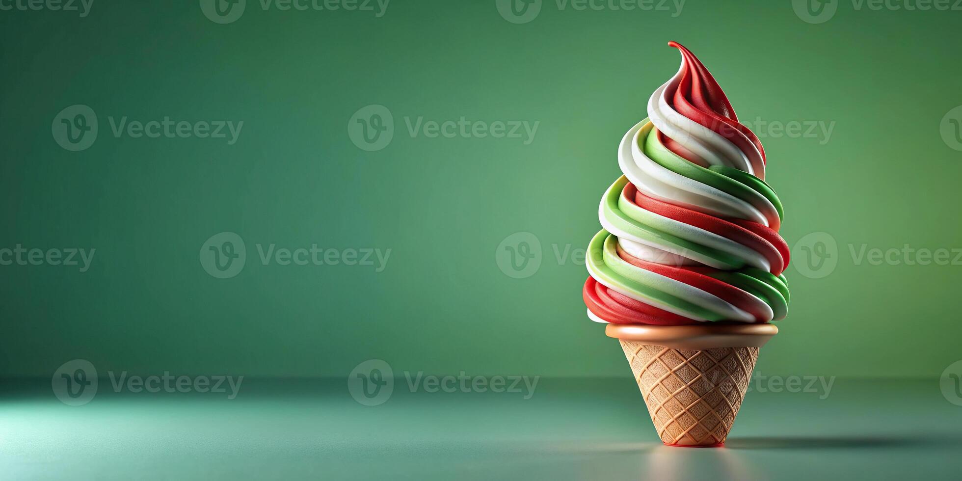 Realistic ice cream cone with white, green, and red swirls, super cute with depth of field effect photo