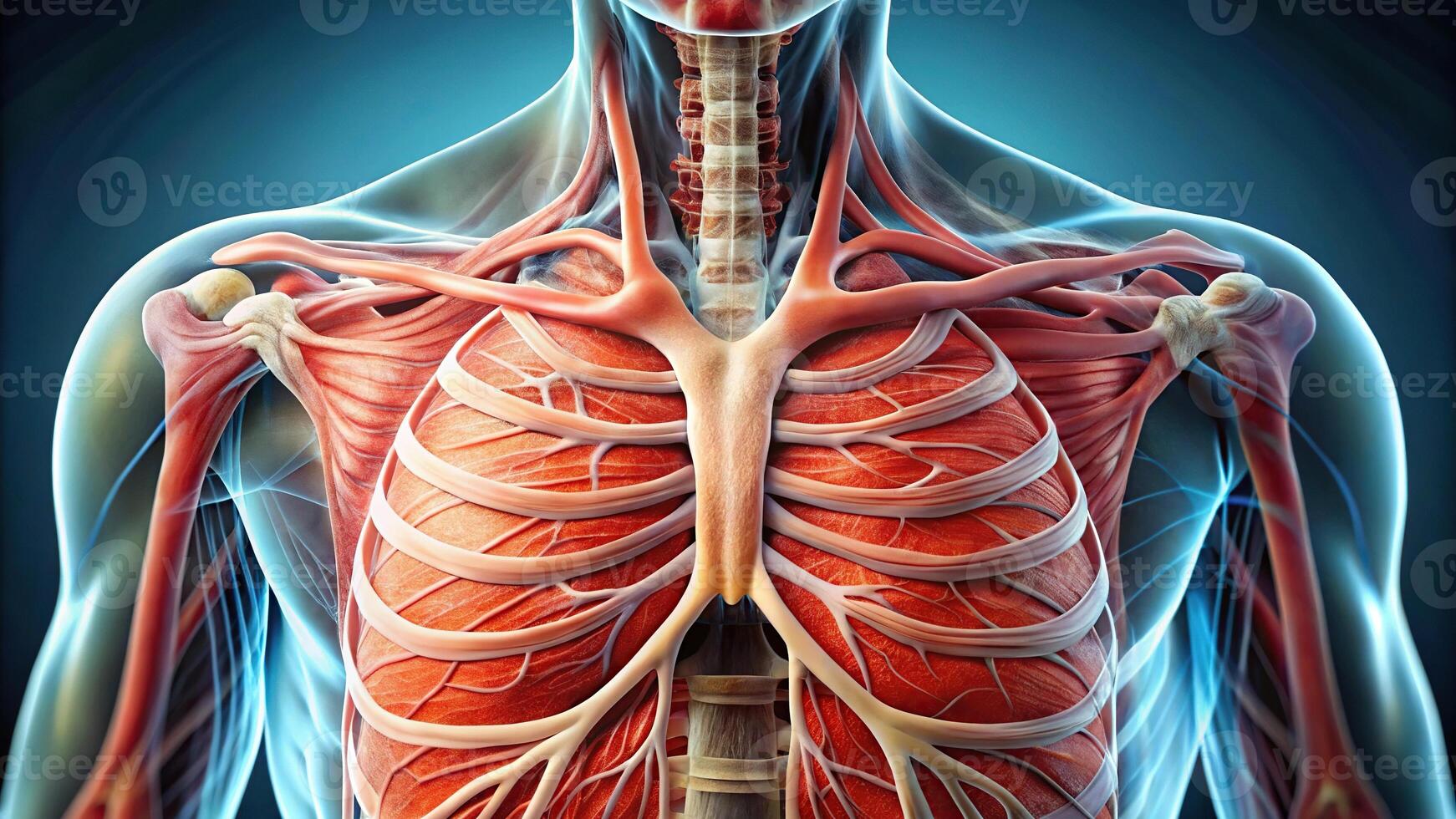 Respiratory muscles surrounding lungs in close-up view photo
