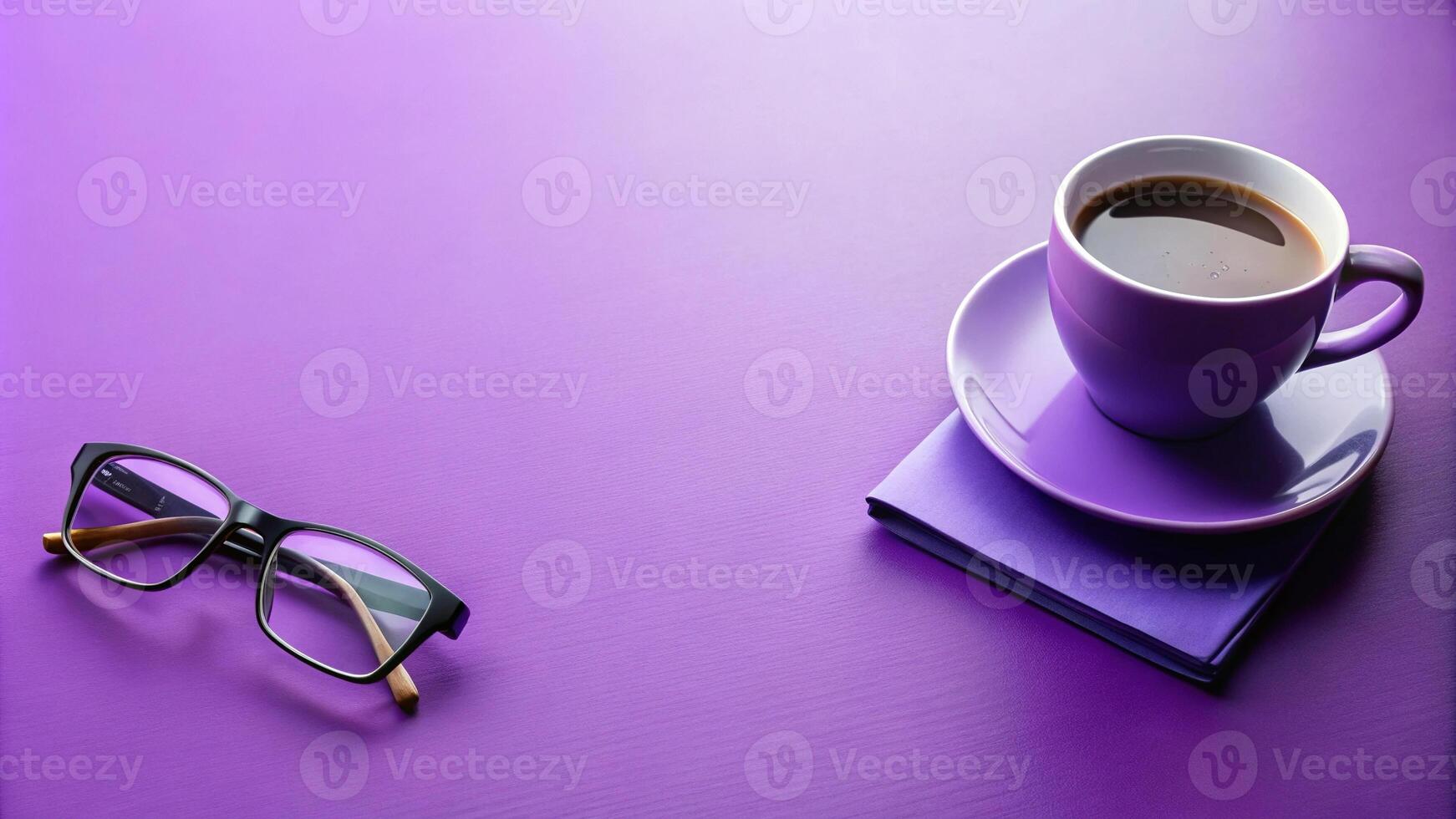 purple desk setup with coffee and eyeglasses tilted angle photo